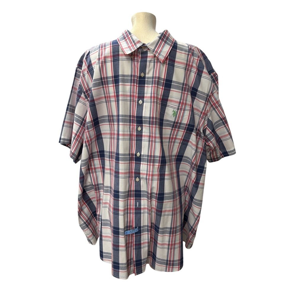 US Polo Assn Mens 3XL Short Sleeve Button Down Shirt Plaid Red Blue White